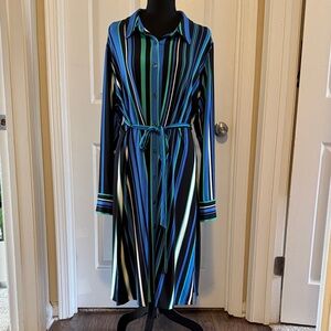 Susan Graver Striped Button-Up Dress with Belt